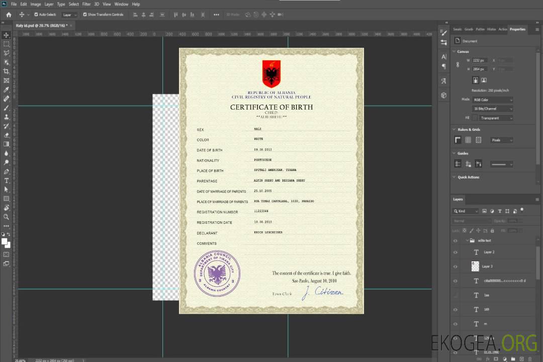 Modèle PSD de certificat de naissance en Albanie template